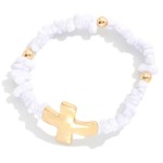 Stone Beaded Stretch Bracelet Featuring Hammered Metal Plus Cross Detail 

- Approximately 2.5" D