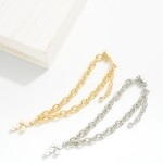 Wholesale magnetic Chain Link Bracelet Pearl Cross Charm Gold Dipped D Extender