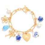 Wholesale matte Metal Chain Link Bracelet Porcelain Beads Pearls Metal Charms D