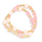 Wholesale set Two Beaded Bracelets Stone Disks Metal East West Cross D