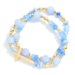 Wholesale set Two Beaded Bracelets Stone Disks Metal East West Cross D