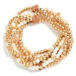 Wholesale set Six Beaded Stretch Bracelets Metal Tones Pearl Plus Cross Stations