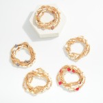 Wholesale set Six Beaded Stretch Bracelets Metal Tones Pearl Plus Cross Stations