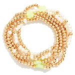 Wholesale set Six Beaded Stretch Bracelets Metal Tones Pearl Plus Cross Stations