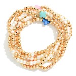 Wholesale set Six Beaded Stretch Bracelets Metal Tones Pearl Plus Cross Stations