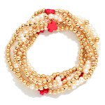 Wholesale set Six Beaded Stretch Bracelets Metal Tones Pearl Plus Cross Stations