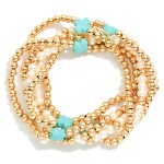 Wholesale set Six Beaded Stretch Bracelets Metal Tones Pearl Plus Cross Stations