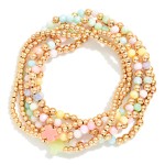 Wholesale set Six Beaded Stretch Bracelets Metal Tones Faceted Beads Plus Cross