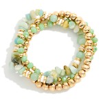Wholesale set Three Beaded Stretch Bracelets Metal Tones Faceted Beads Stone D