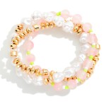 Wholesale set Three Beaded Stretch Bracelet Gold Tones Pearls Marble Beads D