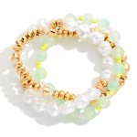 Wholesale set Three Beaded Stretch Bracelet Gold Tones Pearls Marble Beads D