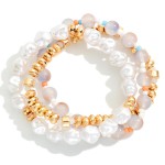 Wholesale set Three Beaded Stretch Bracelet Gold Tones Pearls Marble Beads D