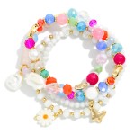 Wholesale set Four Beaded Stretch Bracelets Faceted Beads Pearl Flower Charm D