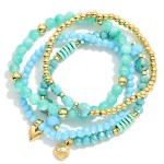 Wholesale set Three Beaded Stretch Bracelets Faceted Beads Disk Beads Metal Tone