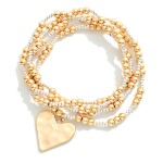 Wholesale set Four Metal Beaded Stretch Bracelets Hammered Metal Heart Charm D