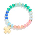 Wholesale marbled Acetate Bead Beaded Stretch Bracelet Hammered Metal Plus Cross