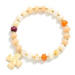 Wholesale marbled Acetate Bead Beaded Stretch Bracelet Hammered Metal Plus Cross