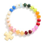 Wholesale marbled Acetate Bead Beaded Stretch Bracelet Hammered Metal Plus Cross