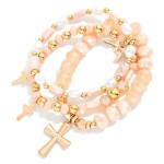 Wholesale set Three Beaded Stretch Bracelets Faceted Beads Pearls Cross Charms D