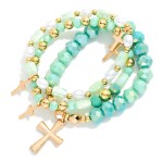 Wholesale set Three Beaded Stretch Bracelets Faceted Beads Pearls Cross Charms D