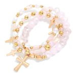 Wholesale set Three Beaded Stretch Bracelets Faceted Beads Pearls Cross Charms D