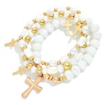 Wholesale set Three Beaded Stretch Bracelets Faceted Beads Pearls Cross Charms D