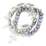 Wholesale set Three Beaded Stretch Bracelets Faceted Beads Pearls Cross Charms D