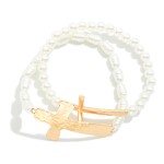 Wholesale set Two Pearl Beaded Stretch Bracelets Metal East West Crosses D