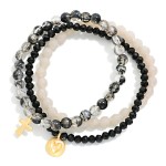 Wholesale set Three Beaded Stretch Bracelets Faceted Stone Beads Hammered Metal