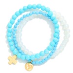 Wholesale set Three Beaded Stretch Bracelets Faceted Stone Beads Hammered Metal