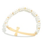Wholesale pearl Beaded Bracelet Hammered Metal East West Cross D