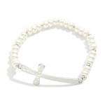 Wholesale pearl Beaded Bracelet Hammered Metal East West Cross D