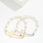 Wholesale pearl Beaded Bracelet Hammered Metal East West Cross D