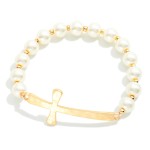 Wholesale pearl Beaded Stretch Bracelet Hammered Metal East West Cross D