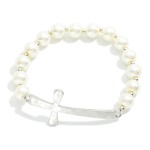 Wholesale pearl Beaded Stretch Bracelet Hammered Metal East West Cross D