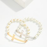 Wholesale pearl Beaded Stretch Bracelet Hammered Metal East West Cross D