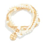 Wholesale set Four Metal Pearl Beaded Stretch Bracelets Hammered Metal Cross Med