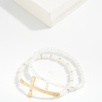 Wholesale pearl Beaded Stretch Bracelet Hammered Metal East West Cross D