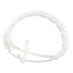 Wholesale pearl Beaded Stretch Bracelet Hammered Metal East West Cross D