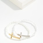 Wholesale ringed Pearl Beaded Stretch Bracelet Metal East West Cross D