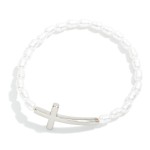Wholesale ringed Pearl Beaded Stretch Bracelet Metal East West Cross D