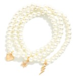 Wholesale set Three Beaded Stretch Bracelets Metal Heart Star Lightning Bolt Cha