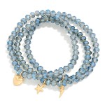 Wholesale set Three Beaded Stretch Bracelets Metal Heart Star Lightning Bolt Cha