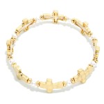 Wholesale hammered Metal East West Cross Pearl Beaded Stretch Bracelet D