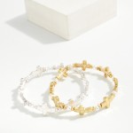 Wholesale hammered Metal East West Cross Pearl Beaded Stretch Bracelet D
