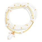 Wholesale set Four Beaded Stretch Bracelets Pearls Metal Tube Beads Faceted Bead