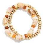 Wholesale set Two Beaded Stretch Bracelets Metal Tones Marbled Acetate Cylinders