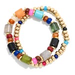 Wholesale set Two Beaded Stretch Bracelets Metal Tones Marbled Acetate Cylinders