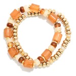 Wholesale set Two Beaded Stretch Bracelets Metal Tones Marbled Acetate Cylinders