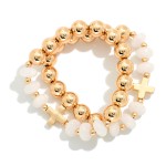 Wholesale cross Charm Beaded Bracelet Set pairing chunky polished metal ball bea